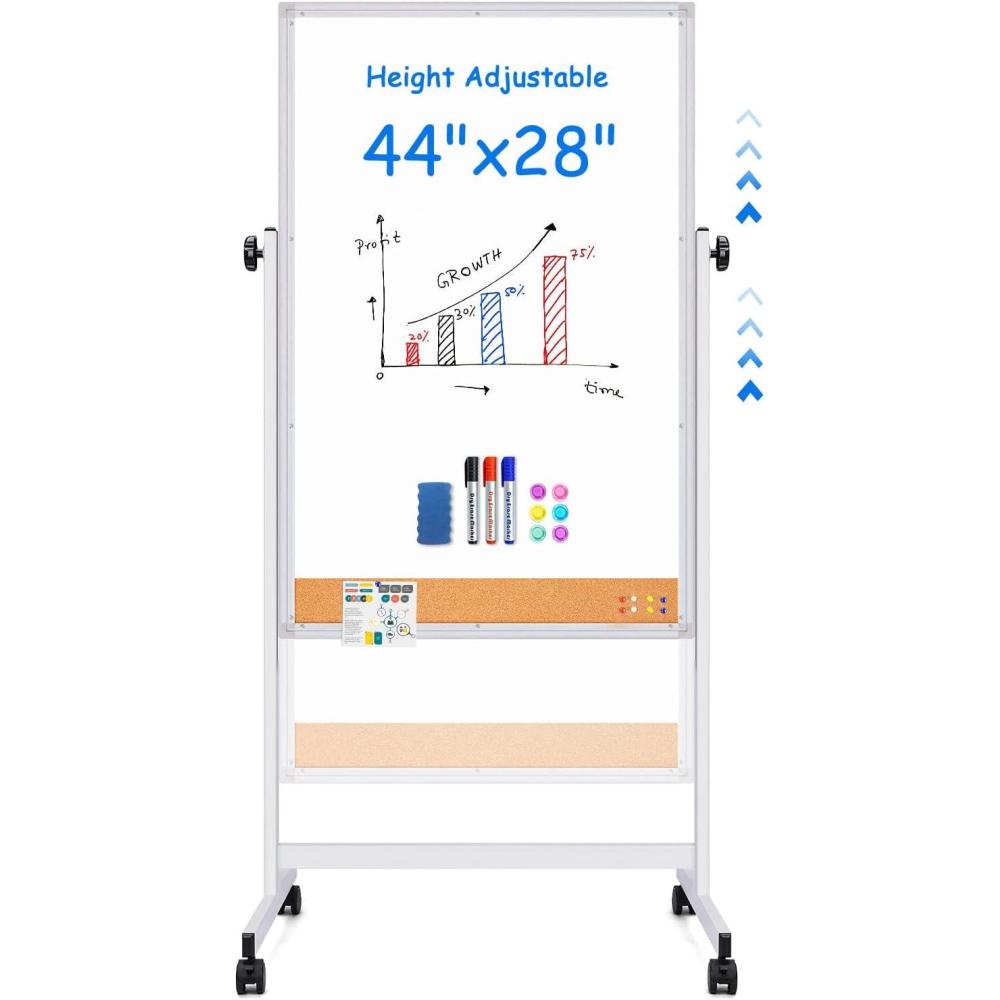 imagemaxtek Rolling White Board 44 x 28 Height Adjustable Whiteboard on Wheels Large Magnetic Standing Mobile Easel Board DoubleSided with Stand for Office Home and Classroom44x28 in SilverCork