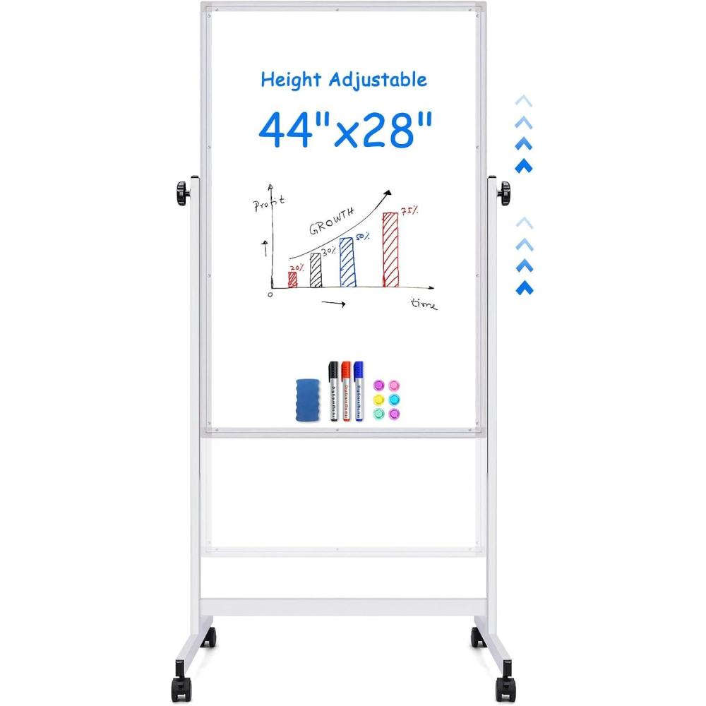 imagemaxtek Rolling White Board 44 x 28 Height Adjustable Whiteboard on Wheels Large Magnetic Standing Mobile Easel Board DoubleSided with Stand for Office Home and Classroom44x28 in Silver