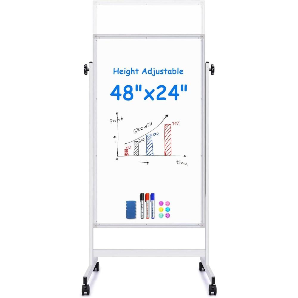 imagemaxtek Rolling White Board 44 x 28 Height Adjustable Whiteboard on Wheels Large Magnetic Standing Mobile Easel Board DoubleSided with Stand for Office Home and Classroom24X48 in Silver