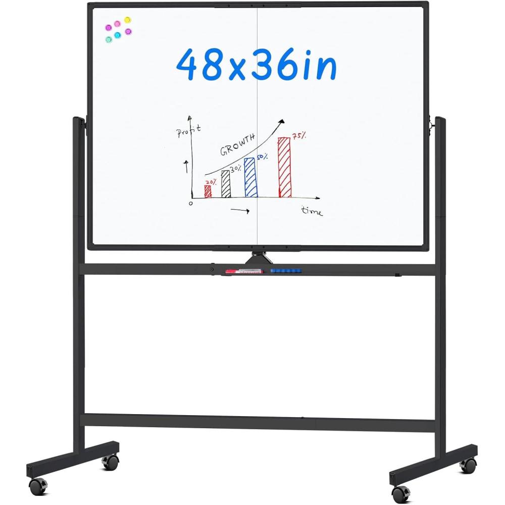 imagemaxtek Rolling Whiteboard 48x48 Large Magnetic White Board with Stands Big DoubleSided White Board Dry Erase on Wheels for Homeschool Home Office Office SchoolBlack