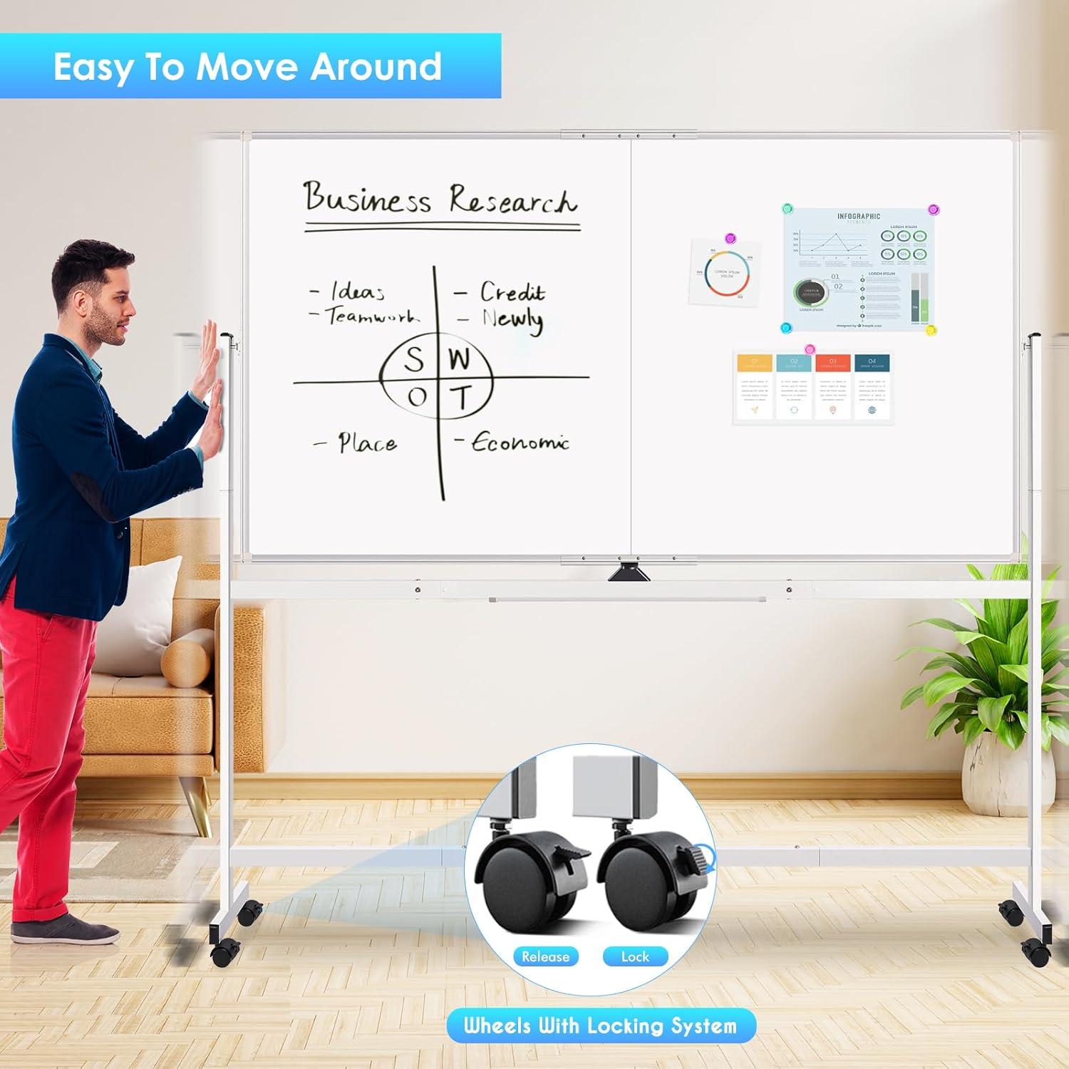 imagemaxtek 60 x 48 Double Sided Rolling Whiteboard Mobile Whiteboard Magnetic White Board Large Reversible Dry Erase Board Easel Standing Board on Wheels with Stand 60 x 4872x48 inch