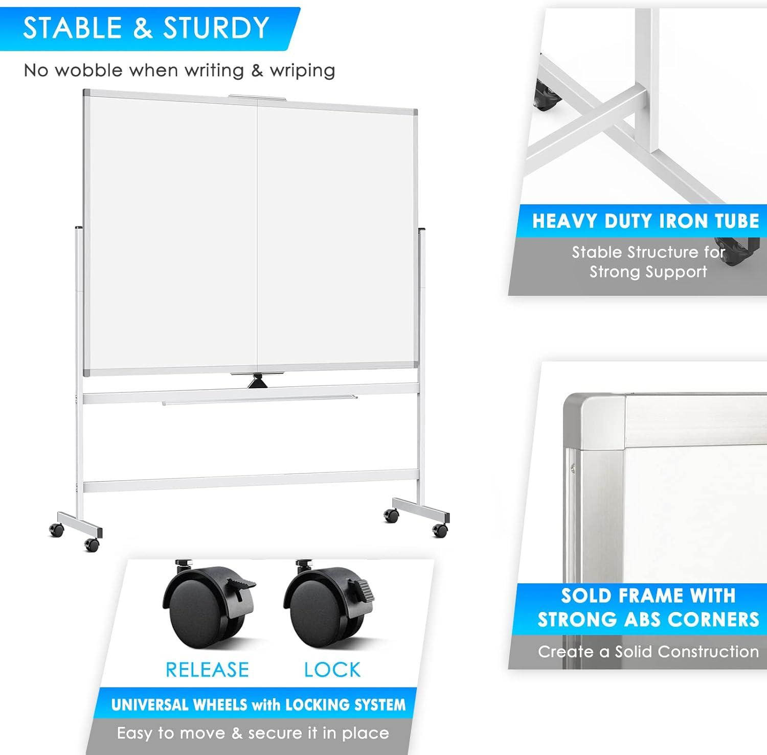 imagemaxtek 60 x 48 Double Sided Rolling Whiteboard Mobile Whiteboard Magnetic White Board Large Reversible Dry Erase Board Easel Standing Board on Wheels with Stand 60 x 4860x48 inch
