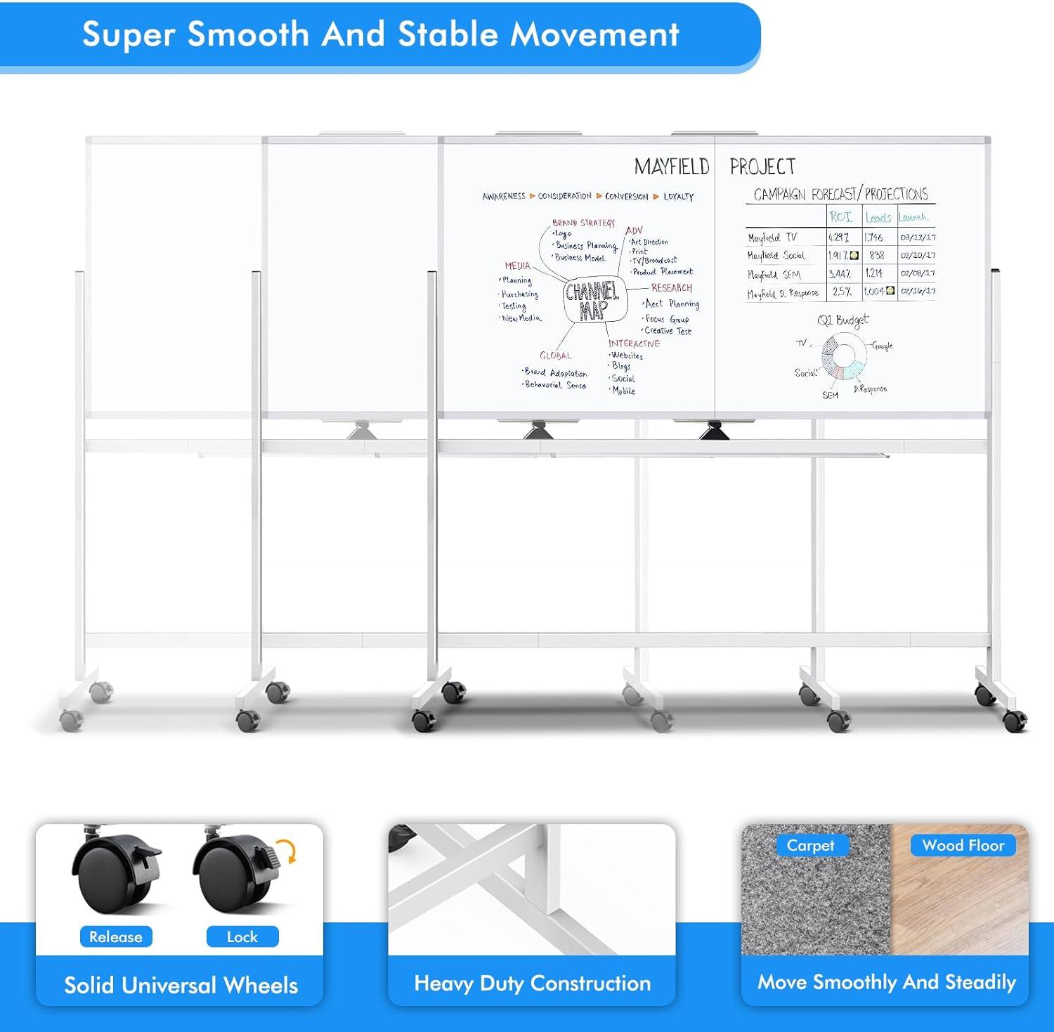 imagemaxtek 60 x 48 Double Sided Rolling Whiteboard Mobile Whiteboard Magnetic White Board Large Reversible Dry Erase Board Easel Standing Board on Wheels with Stand 60 x 4872x40 inch