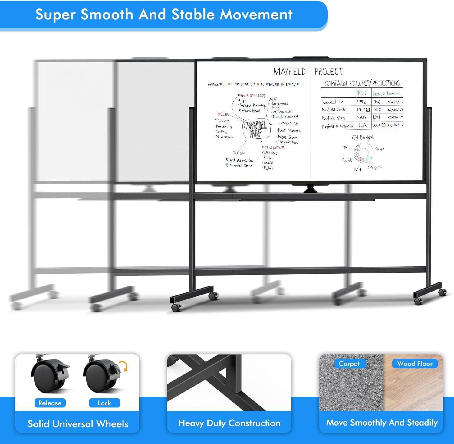 imagemaxtek 60 x 48 Double Sided Rolling Whiteboard Mobile Whiteboard Magnetic White Board Large Reversible Dry Erase Board Easel Standing Board on Wheels with Stand 60 x 4872x40 inch