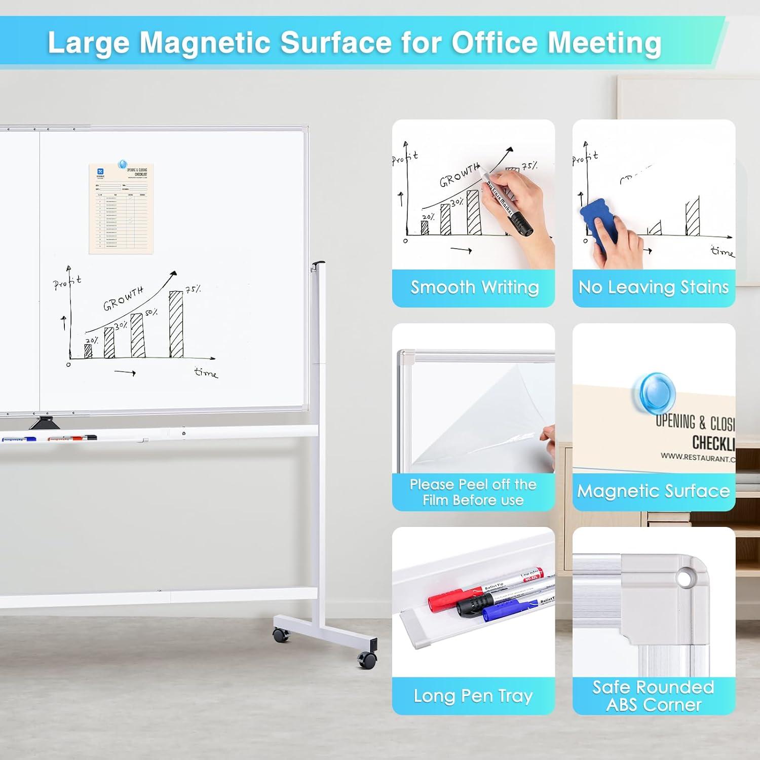 imagemaxtek 60 x 48 Double Sided Rolling Whiteboard Mobile Whiteboard Magnetic White Board Large Reversible Dry Erase Board Easel Standing Board on Wheels with Stand 60 x 4896x48 inch