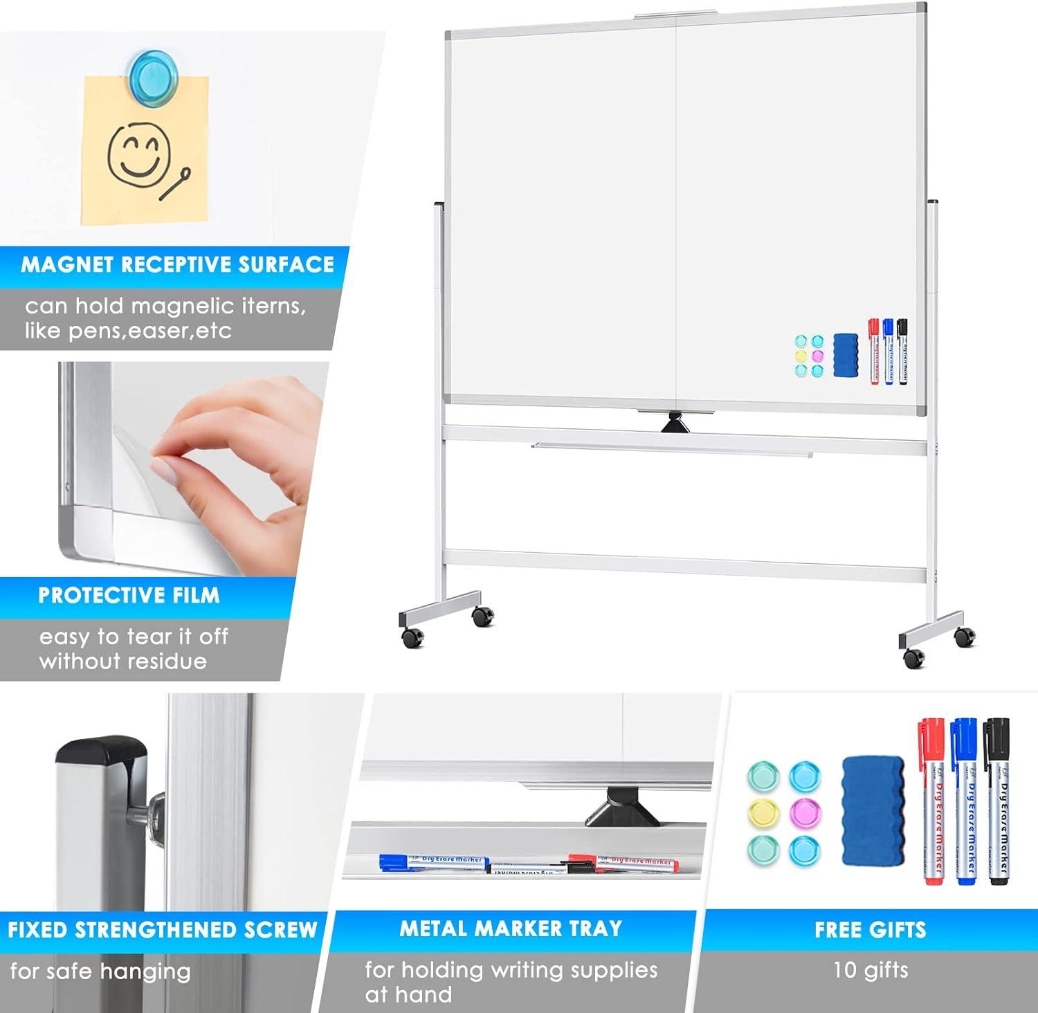 imagemaxtek 60 x 48 Double Sided Rolling Whiteboard Mobile Whiteboard Magnetic White Board Large Reversible Dry Erase Board Easel Standing Board on Wheels with Stand 60 x 4860x48 inch