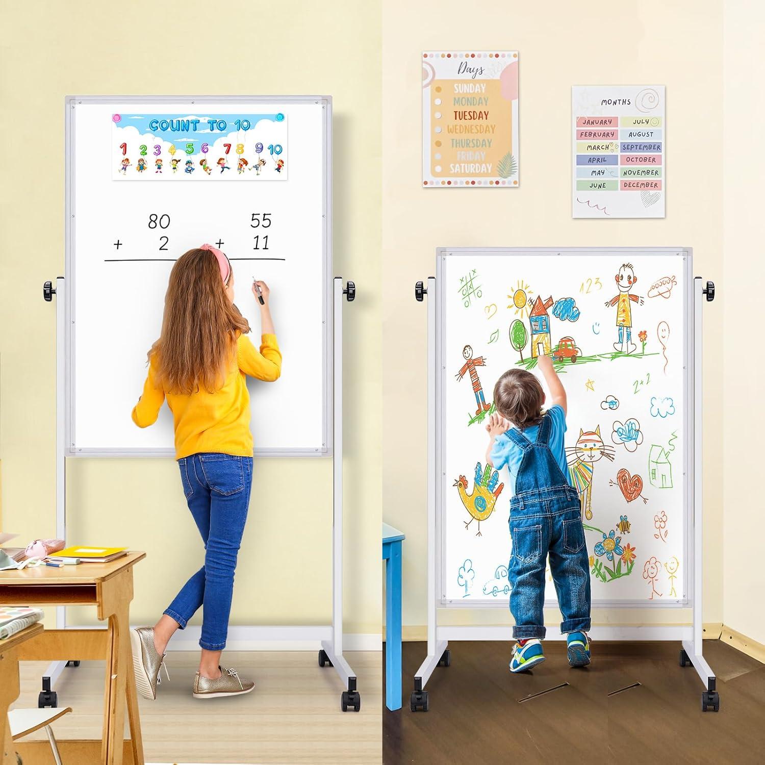 imagemaxtek Rolling White Board 44 x 28 Height Adjustable Whiteboard on Wheels Large Magnetic Standing Mobile Easel Board DoubleSided with Stand for Office Home and Classroom44x28 in Silver