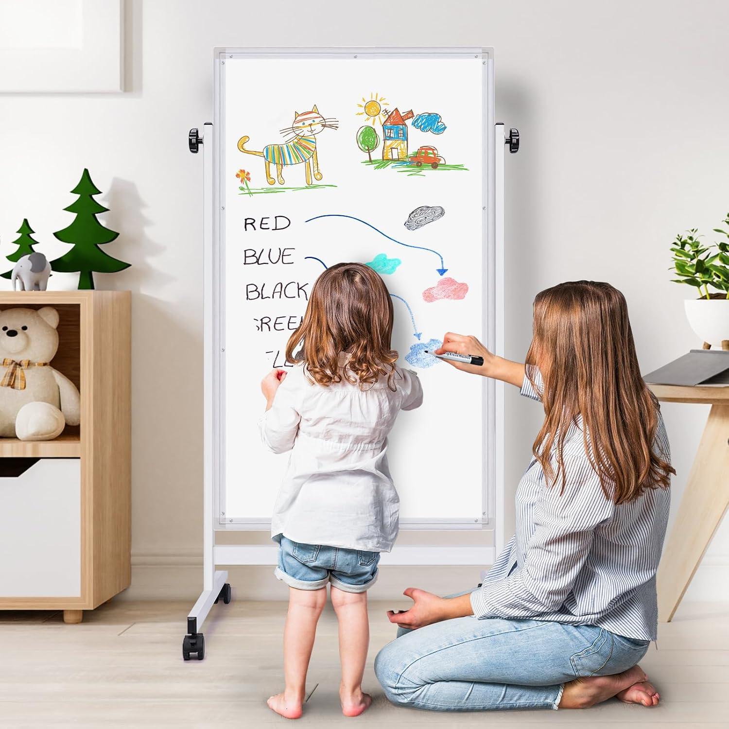 imagemaxtek Rolling White Board 44 x 28 Height Adjustable Whiteboard on Wheels Large Magnetic Standing Mobile Easel Board DoubleSided with Stand for Office Home and Classroom24X48 in Silver