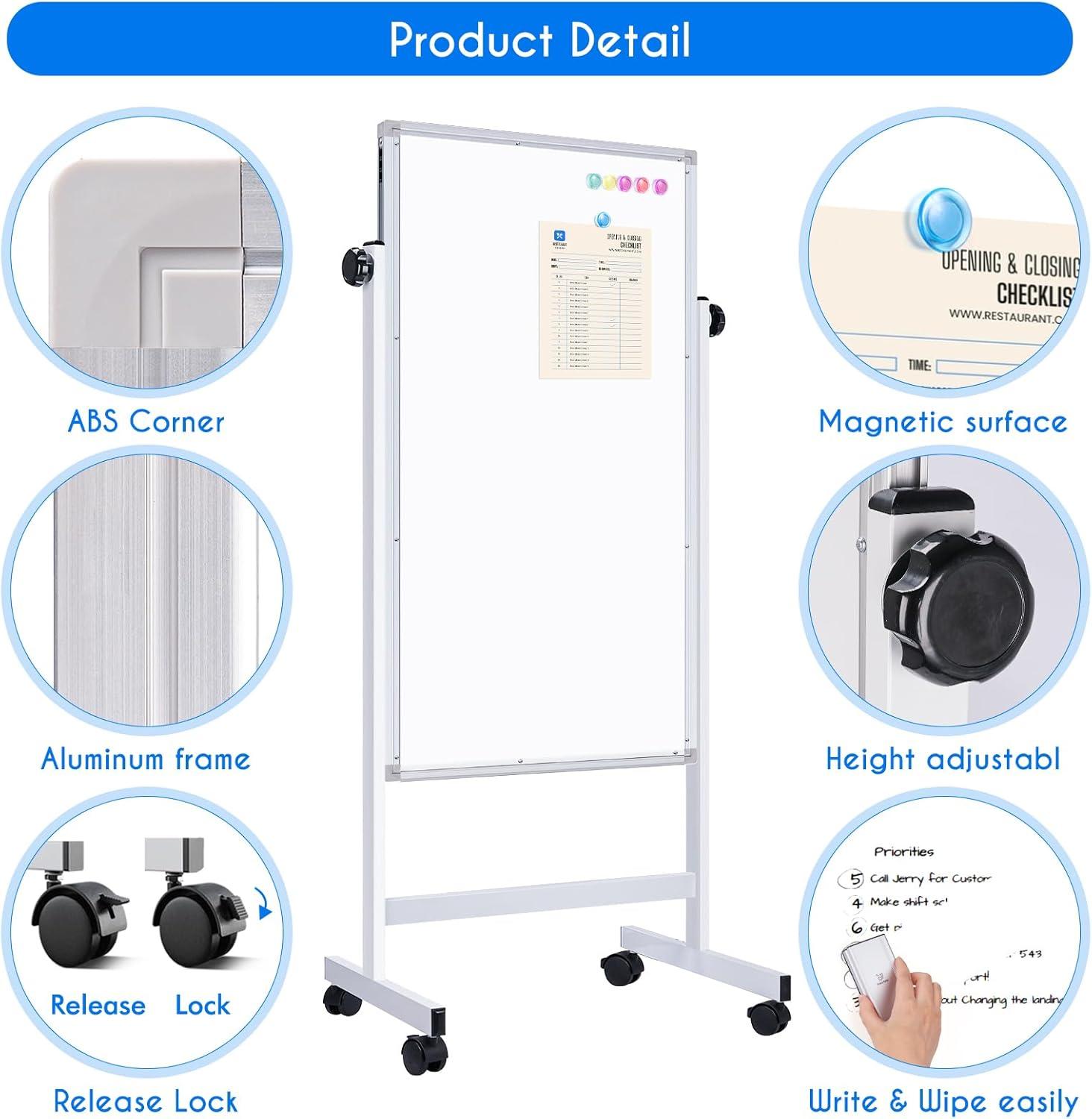imagemaxtek Rolling White Board 44 x 28 Height Adjustable Whiteboard on Wheels Large Magnetic Standing Mobile Easel Board DoubleSided with Stand for Office Home and Classroom24X48 in Silver