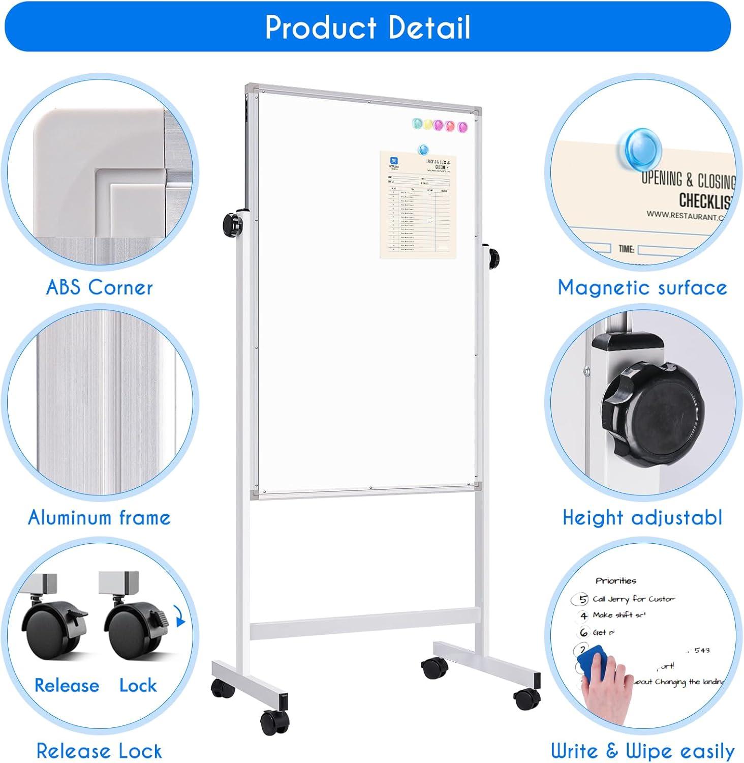 imagemaxtek Rolling White Board 44 x 28 Height Adjustable Whiteboard on Wheels Large Magnetic Standing Mobile Easel Board DoubleSided with Stand for Office Home and Classroom44x28 in Silver