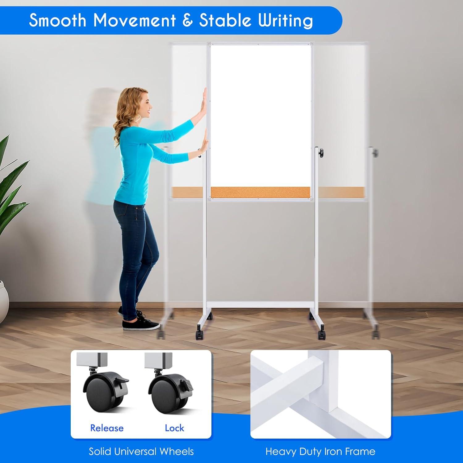 imagemaxtek Rolling White Board 44 x 28 Height Adjustable Whiteboard on Wheels Large Magnetic Standing Mobile Easel Board DoubleSided with Stand for Office Home and Classroom44x28 in SilverCork