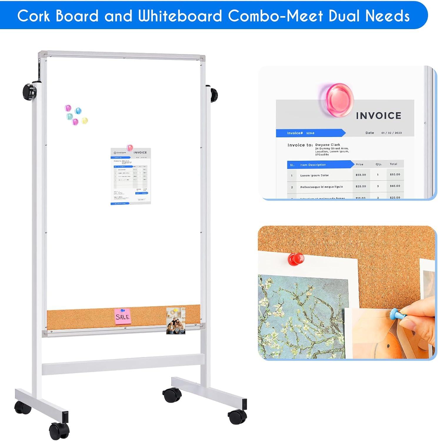 imagemaxtek Rolling White Board 44 x 28 Height Adjustable Whiteboard on Wheels Large Magnetic Standing Mobile Easel Board DoubleSided with Stand for Office Home and Classroom44x28 in SilverCork