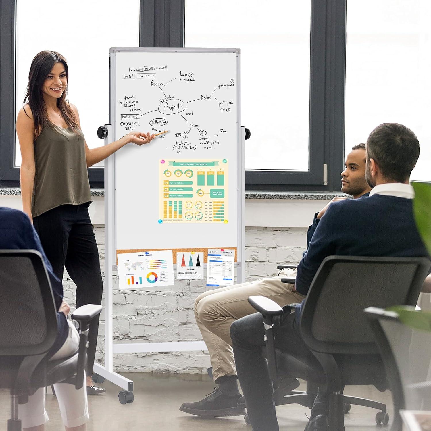 imagemaxtek Rolling White Board 44 x 28 Height Adjustable Whiteboard on Wheels Large Magnetic Standing Mobile Easel Board DoubleSided with Stand for Office Home and Classroom44x28 in SilverCork