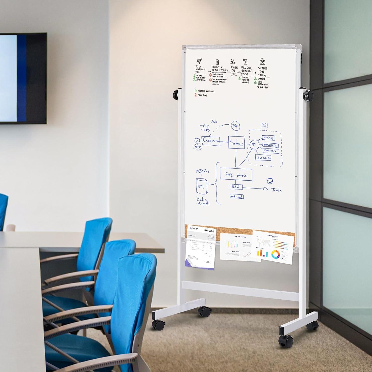imagemaxtek Rolling White Board 44 x 28 Height Adjustable Whiteboard on Wheels Large Magnetic Standing Mobile Easel Board DoubleSided with Stand for Office Home and Classroom44x28 in SilverCork