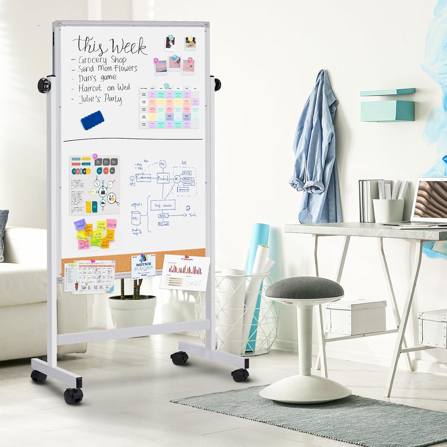 imagemaxtek Rolling White Board 44 x 28 Height Adjustable Whiteboard on Wheels Large Magnetic Standing Mobile Easel Board DoubleSided with Stand for Office Home and Classroom44x28 in SilverCork