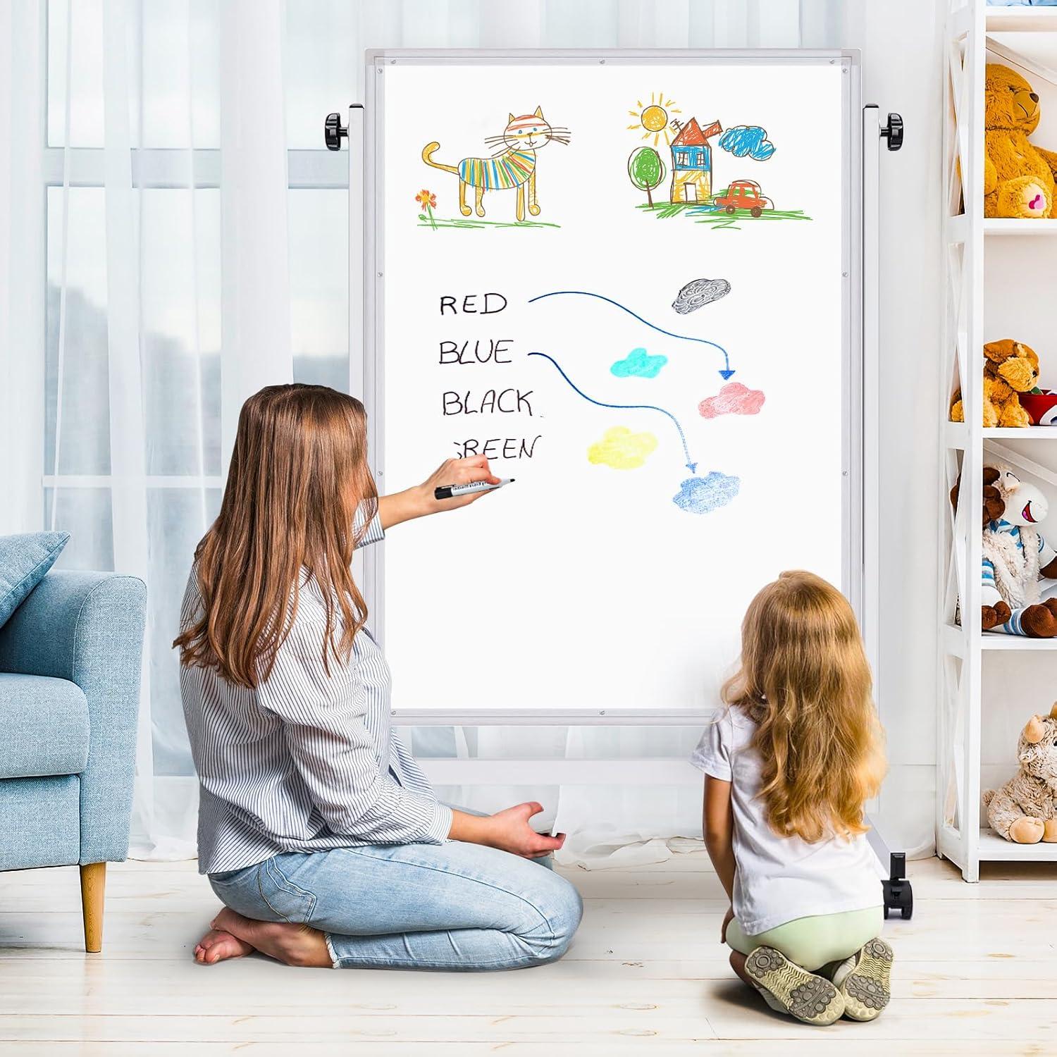imagemaxtek Rolling White Board 44 x 28 Height Adjustable Whiteboard on Wheels Large Magnetic Standing Mobile Easel Board DoubleSided with Stand for Office Home and Classroom44x28 in Silver