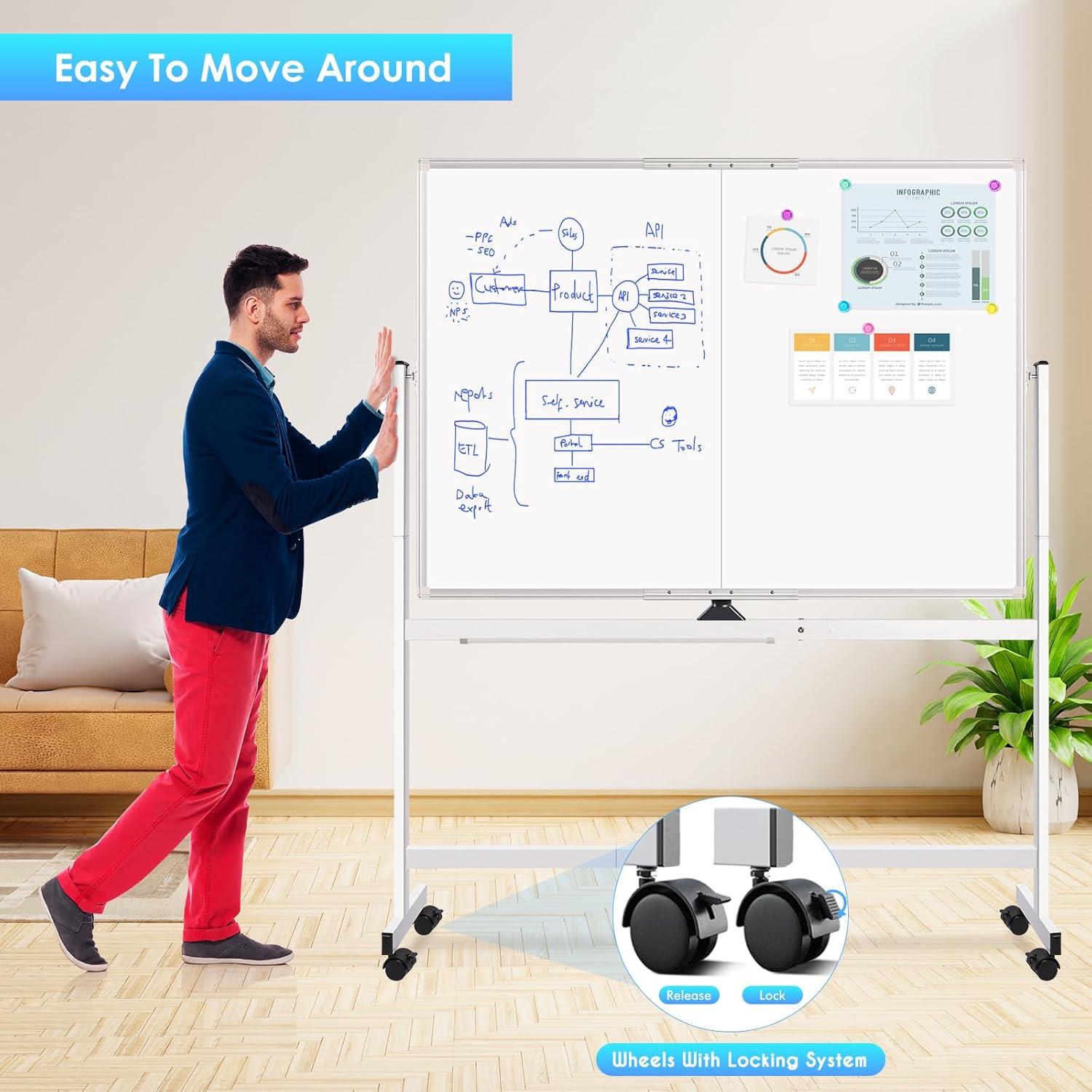 imagemaxtek Rolling Whiteboard 48x48 Large Magnetic White Board with Stands Big DoubleSided White Board Dry Erase on Wheels for Homeschool Home Office Office SchoolSilver