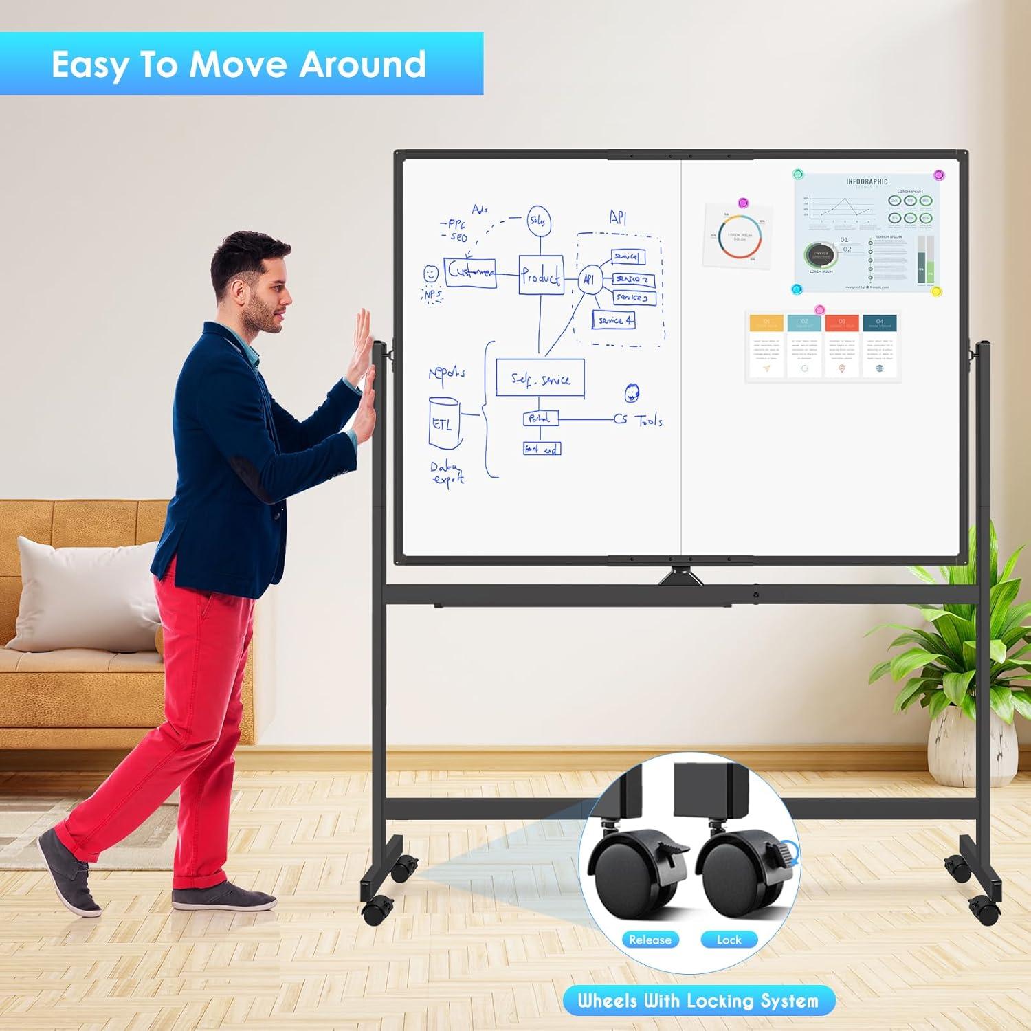 imagemaxtek Rolling Whiteboard 48x48 Large Magnetic White Board with Stands Big DoubleSided White Board Dry Erase on Wheels for Homeschool Home Office Office SchoolBlack