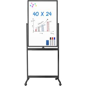 Magnetic Mobile White Board, 48 x 24 Double Sided Dry Erase Board Rolling Whiteboard Aluminum Frame Standing Whiteboard on Wheels(Black)