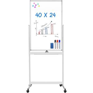 Magnetic Mobile White Board, 48 x 24 Double Sided Dry Erase Board Rolling Whiteboard Aluminum Frame Standing Whiteboard on Wheels(White)