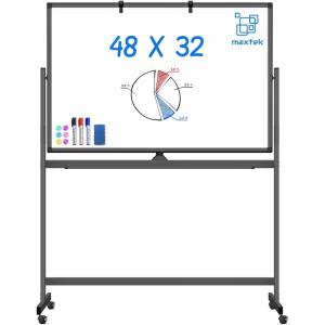 Maxtek Rolling White Board on Wheels 48×32 inch Double Side Magnetic Dry Erase Board with Stand, Aluminum Frame Easel Mobile Standing Whiteboard for Office, Classroom & Home(Black Frame)