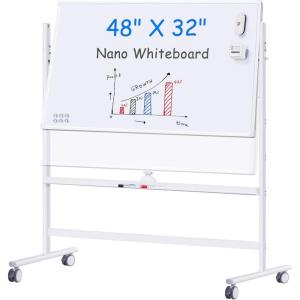 Maxtek Rolling Whiteboard on Wheels, 48″x32″ Nano-Clean Large Magnetic Dry Erase Board with Stand. Double-Sided Mobile Whiteboard for Homeschool, Home Office, Office, School(Silver)