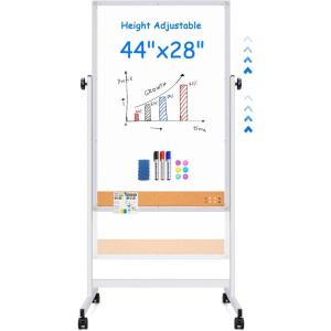 maxtek Rolling White Board, 44 x 28 Height Adjustable Whiteboard on Wheels, Large Magnetic Standing Mobile Easel Board, Double-Sided with Stand for Office, Home, and Classroom(44×28 in Silver&Cork)