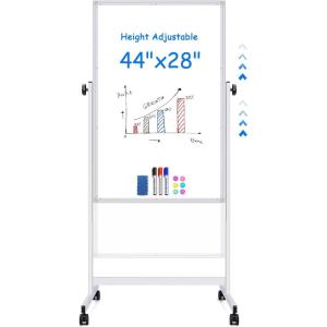 maxtek Rolling White Board, 44 x 28 Height Adjustable Whiteboard on Wheels, Large Magnetic Standing Mobile Easel Board, Double-Sided with Stand for Office, Home, and Classroom(44×28 in Silver)