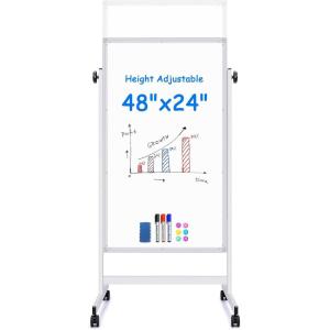 maxtek Rolling White Board, 44 x 28 Height Adjustable Whiteboard on Wheels, Large Magnetic Standing Mobile Easel Board, Double-Sided with Stand for Office, Home, and Classroom(24X48 in Silver)