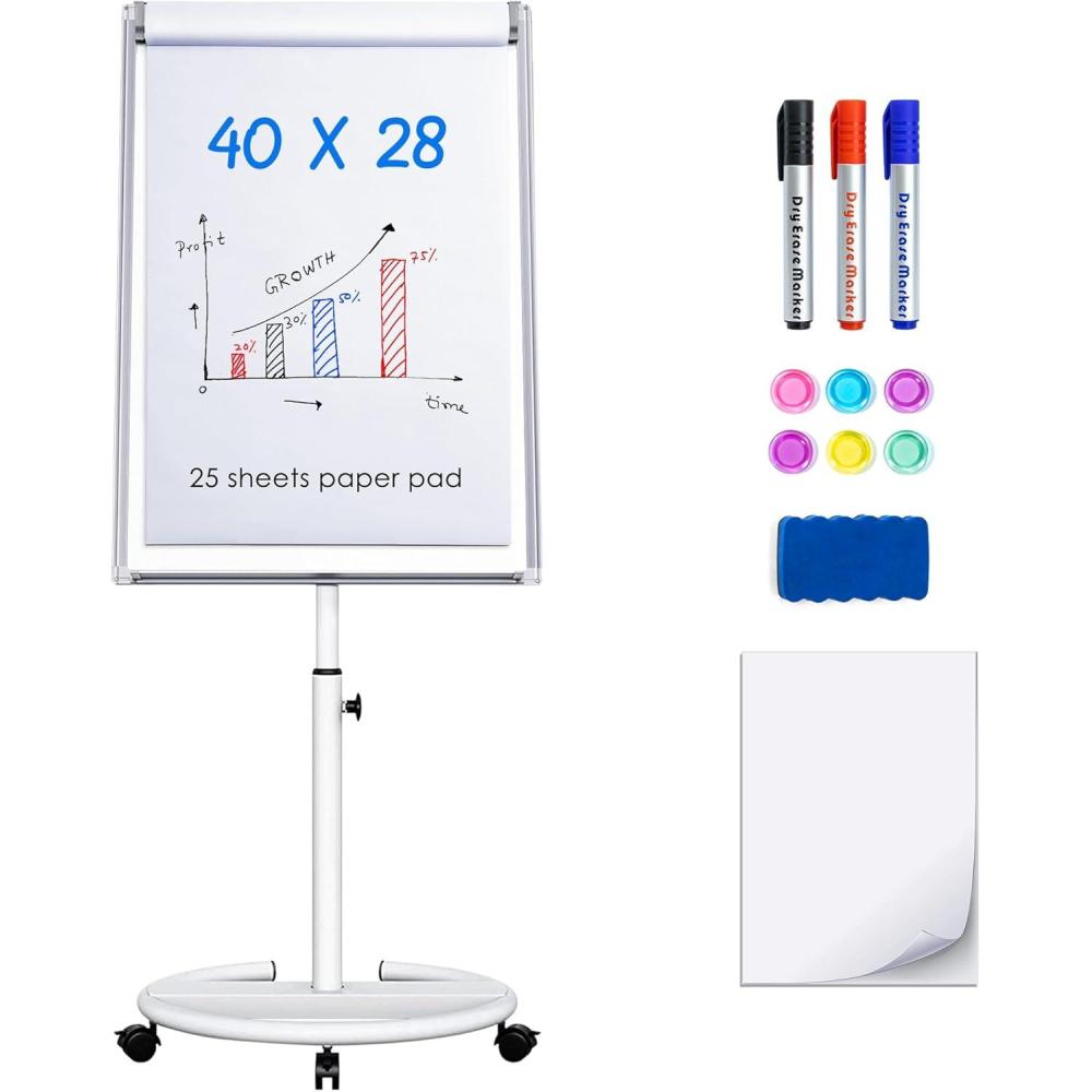 imagemaxtek Mobile Dry Erase Board 40x28 inches Magnetic Portable Whiteboard Stand Easel White Board Flipchart Easel Board with 25 Sheets Paper PadSilver