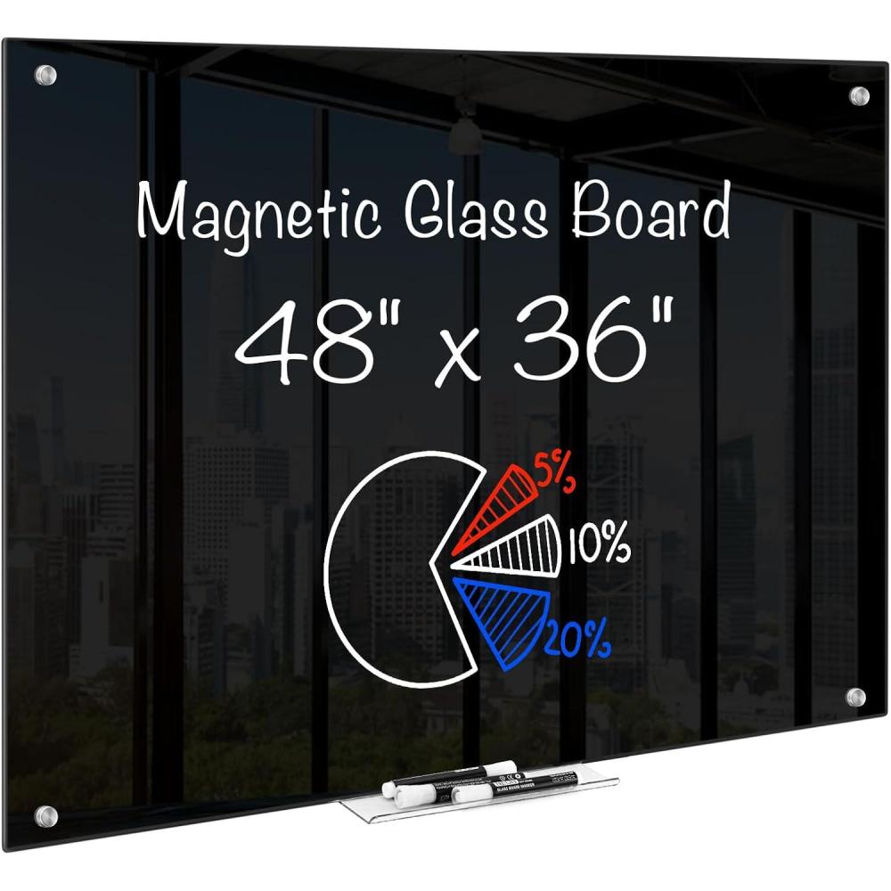 imagemaxtek Black Dry Erase Board 72quot x 48quot Black Whiteboard Glass Frameless Large Magnetic Glass White Board for Office School48W x 36H