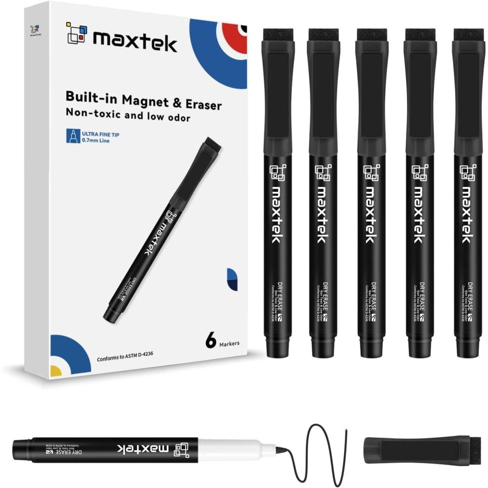 imagemaxtek Dry Erase Markers Ultra Fine Tip Magnetic Black with Eraser 07mm Extra Fine Point Thin Dry Erase Markers for Planning Whiteboard Calendar Boards 6 Count Low Odor6 Count Black