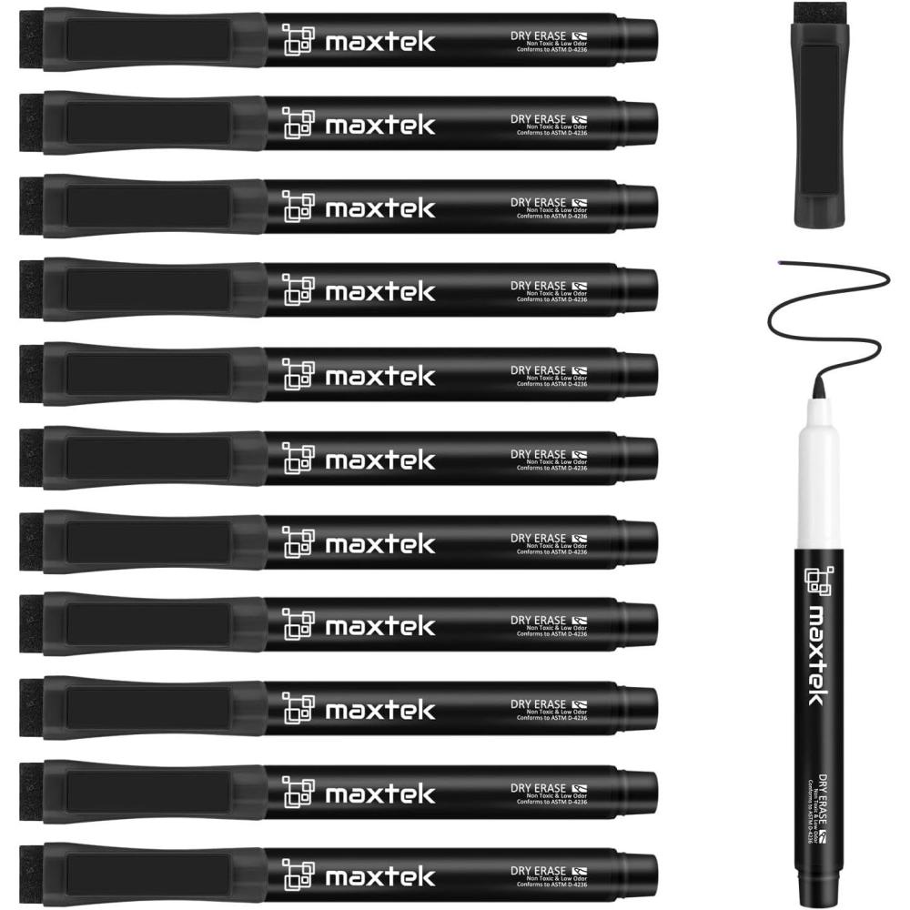 imagemaxtek Dry Erase Markers Ultra Fine Tip Magnetic Black with Eraser 07mm Extra Fine Point Thin Dry Erase Markers for Planning Whiteboard Calendar Boards 6 Count Low Odor12 Count Black