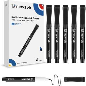 maxtek Dry Erase Markers Ultra Fine Tip Magnetic Black with Eraser, 0.7mm Extra Fine Point Thin Dry Erase Markers for Planning Whiteboard, Calendar Boards, 6 Count, Low Odor(6 Count Black)