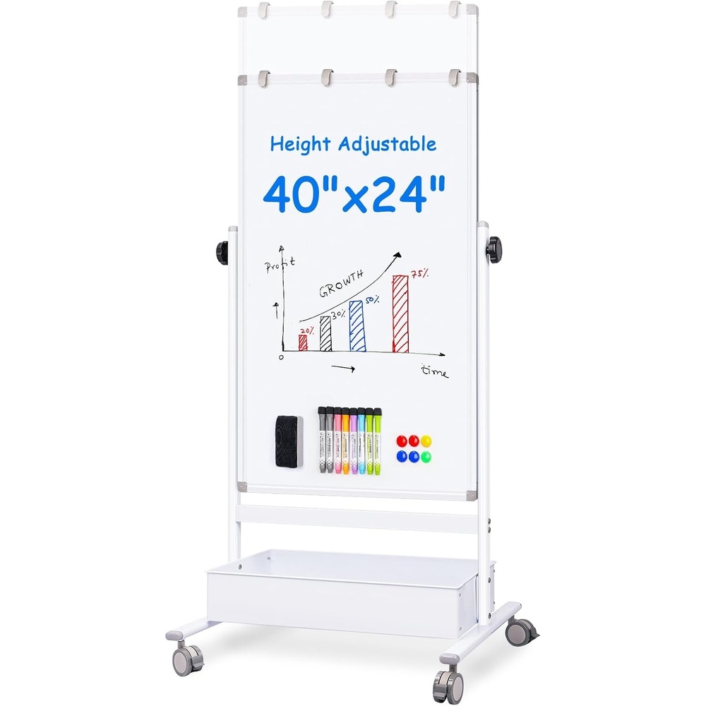 imagemaxtek Mobile White Board Easel 40x24 Inches Magnetic Storage Dry Erase Board Easel for Classroom Rolling Height Adjustable Stand on Wheels for Home School Teachers amp KidsWhite