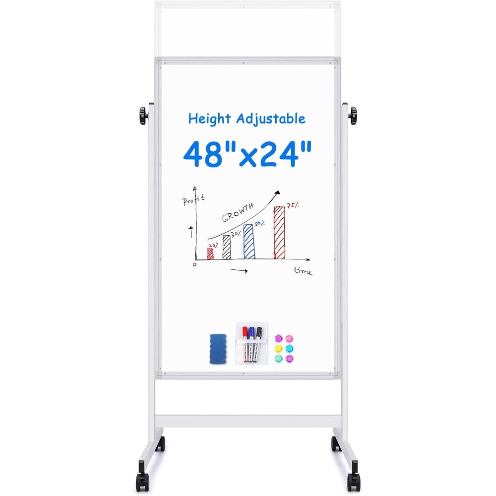 imagemaxtek Rolling White Board 48 x 32 Height Adjustable Whiteboard on Wheels Large Magnetic Standing Mobile Easel Board DoubleSided with Stand for Office Home and ClassroomBlack24X48 in Silver