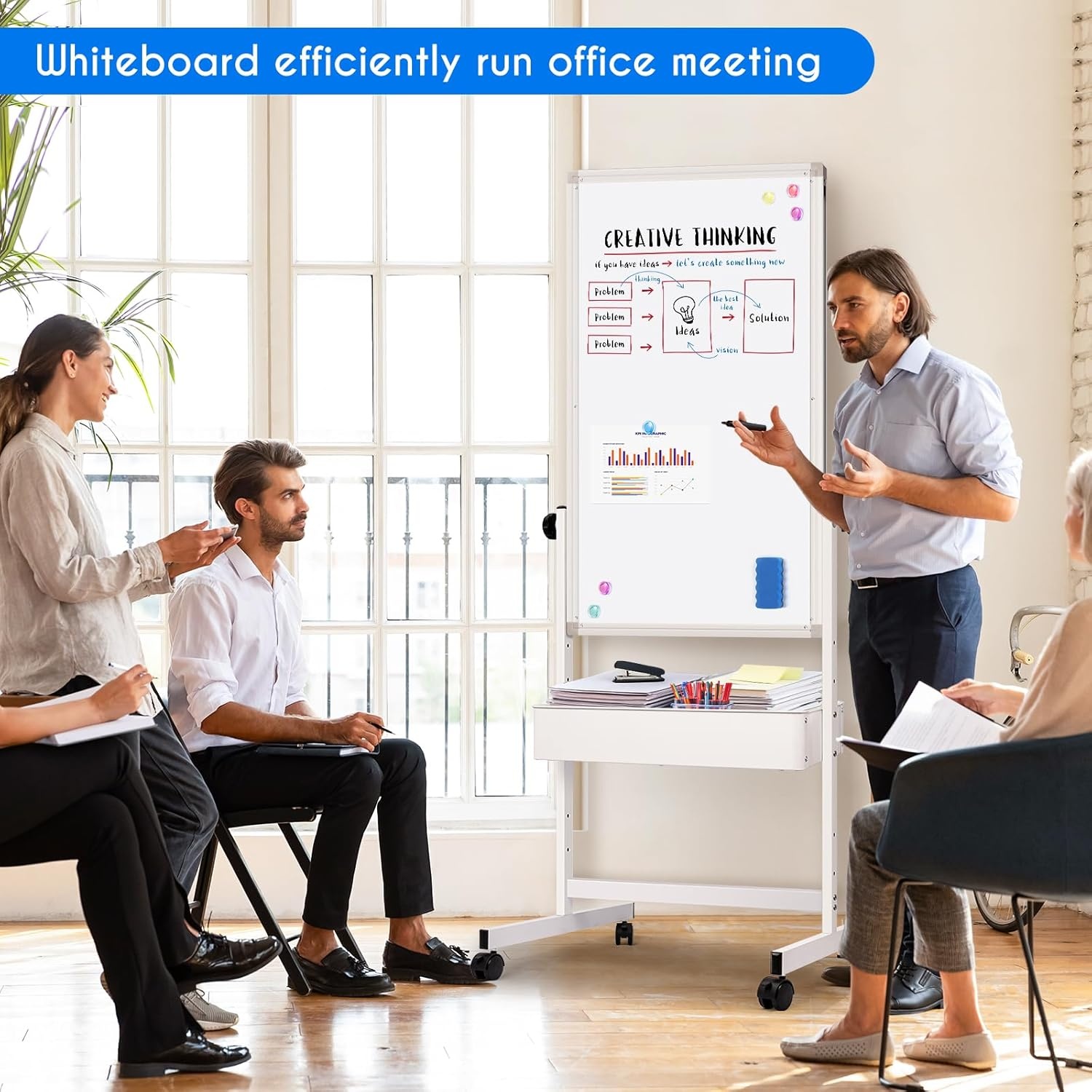imagemaxtek Mobile White Board Easel 40x24 Inches Magnetic Storage Dry Erase Board Easel for Classroom Rolling Height Adjustable Stand on Wheels for Home School Teachers amp Kids