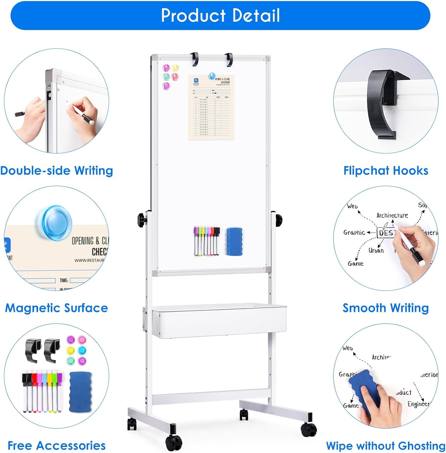 imagemaxtek Mobile White Board Easel 40x24 Inches Magnetic Storage Dry Erase Board Easel for Classroom Rolling Height Adjustable Stand on Wheels for Home School Teachers amp Kids