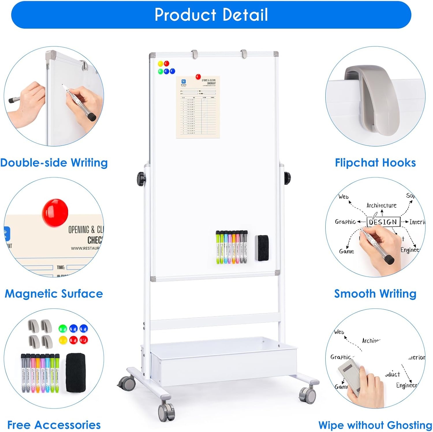 imagemaxtek Mobile White Board Easel 40x24 Inches Magnetic Storage Dry Erase Board Easel for Classroom Rolling Height Adjustable Stand on Wheels for Home School Teachers amp KidsWhite