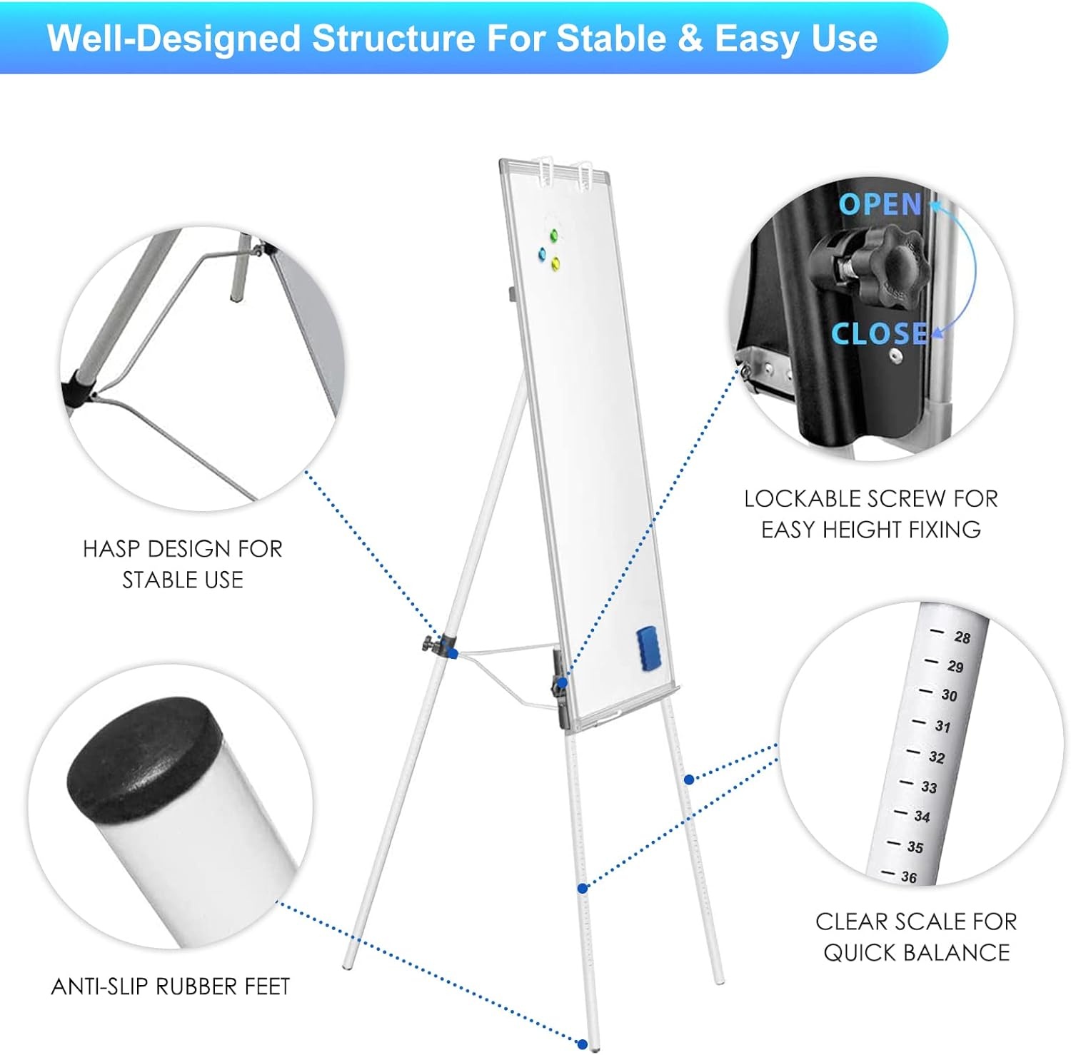 image:imageMaxtek Easel Whiteboard 36 x 24 Stand Tripod with Height Adjustable Black 3 x 2 Magnetic Dry Erase Surface Flipchart Stand Portable Tripod Easel for Office Teaching Home and Classroom36x24 White