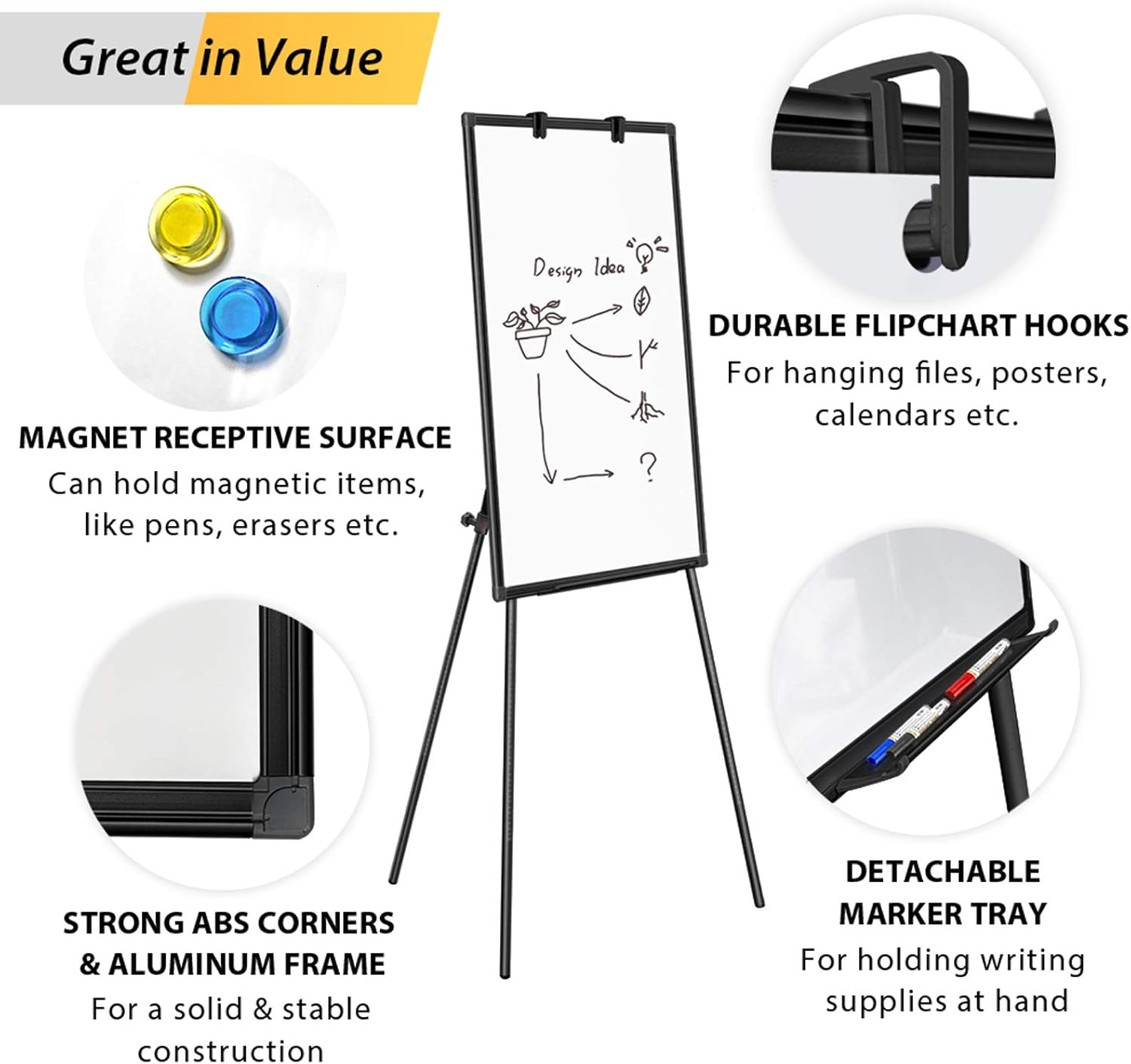 image:imageMaxtek Easel Whiteboard 36 x 24 Stand Tripod with Height Adjustable Black 3 x 2 Magnetic Dry Erase Surface Flipchart Stand Portable Tripod Easel for Office Teaching Home and Classroom36x24 Black