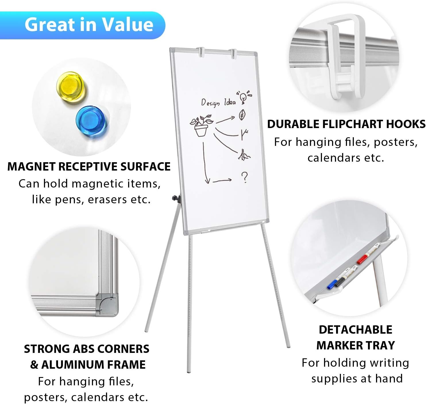 image:imageMaxtek Easel Whiteboard 36 x 24 Stand Tripod with Height Adjustable Black 3 x 2 Magnetic Dry Erase Surface Flipchart Stand Portable Tripod Easel for Office Teaching Home and Classroom36x24 White