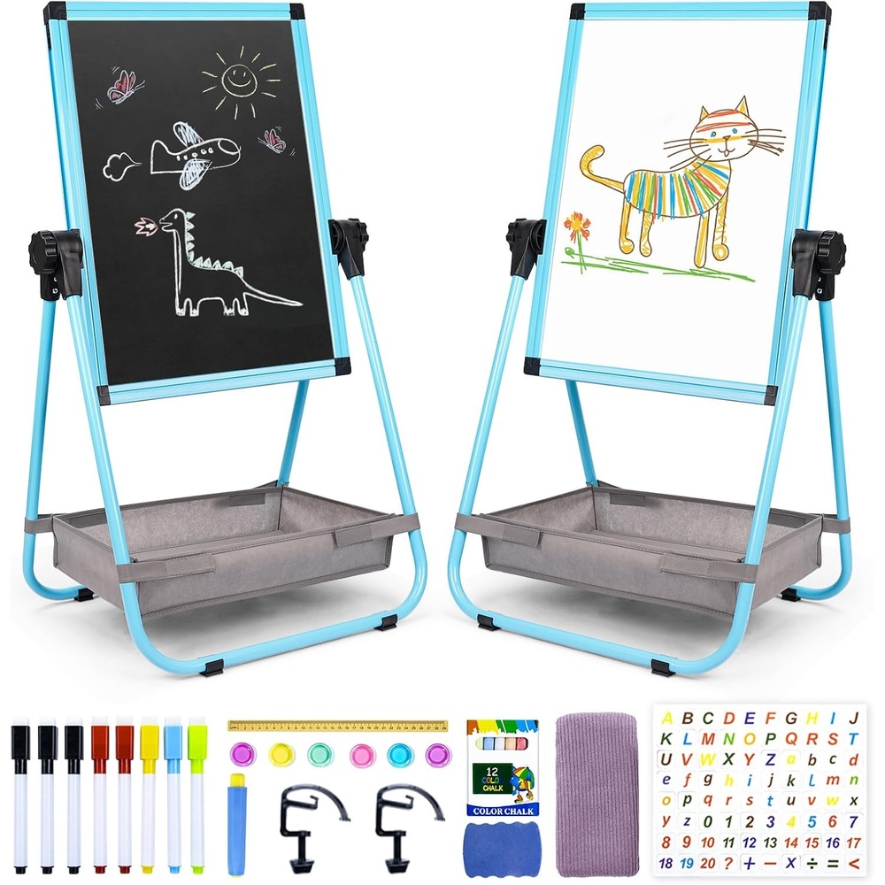 image:imagemaxtek Kids Easel 24x18in Adjustable DoubleSided Whiteboard amp Chalkboard 360Rotating Magnetic Standing Art Easel Kids for Boys and Girls 3 with Drawing Accessories BlackBlue