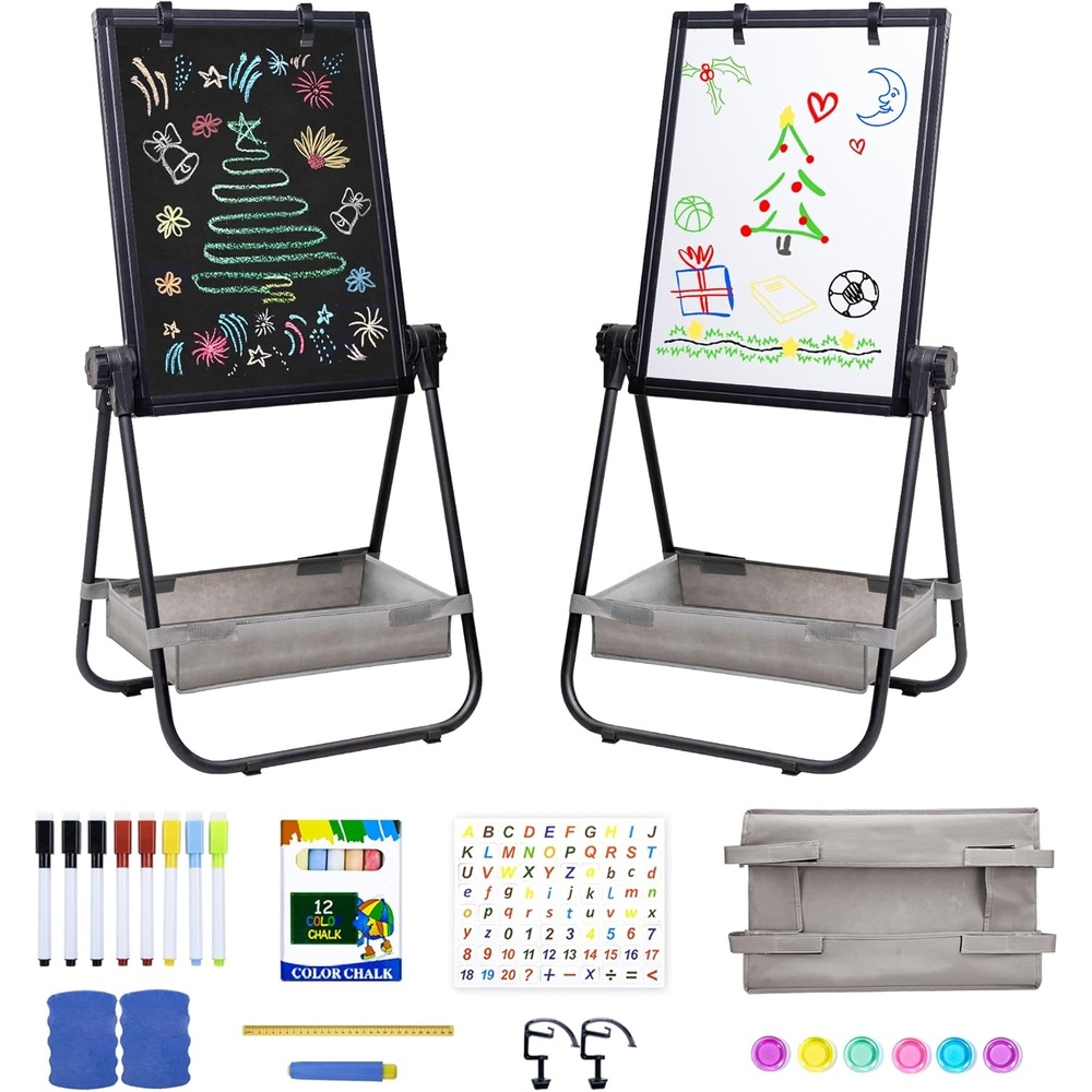 image:imagemaxtek Kids Easel 24x18in Adjustable DoubleSided Whiteboard amp Chalkboard 360Rotating Magnetic Standing Art Easel Kids for Boys and Girls 3 with Drawing Accessories BlackBlack
