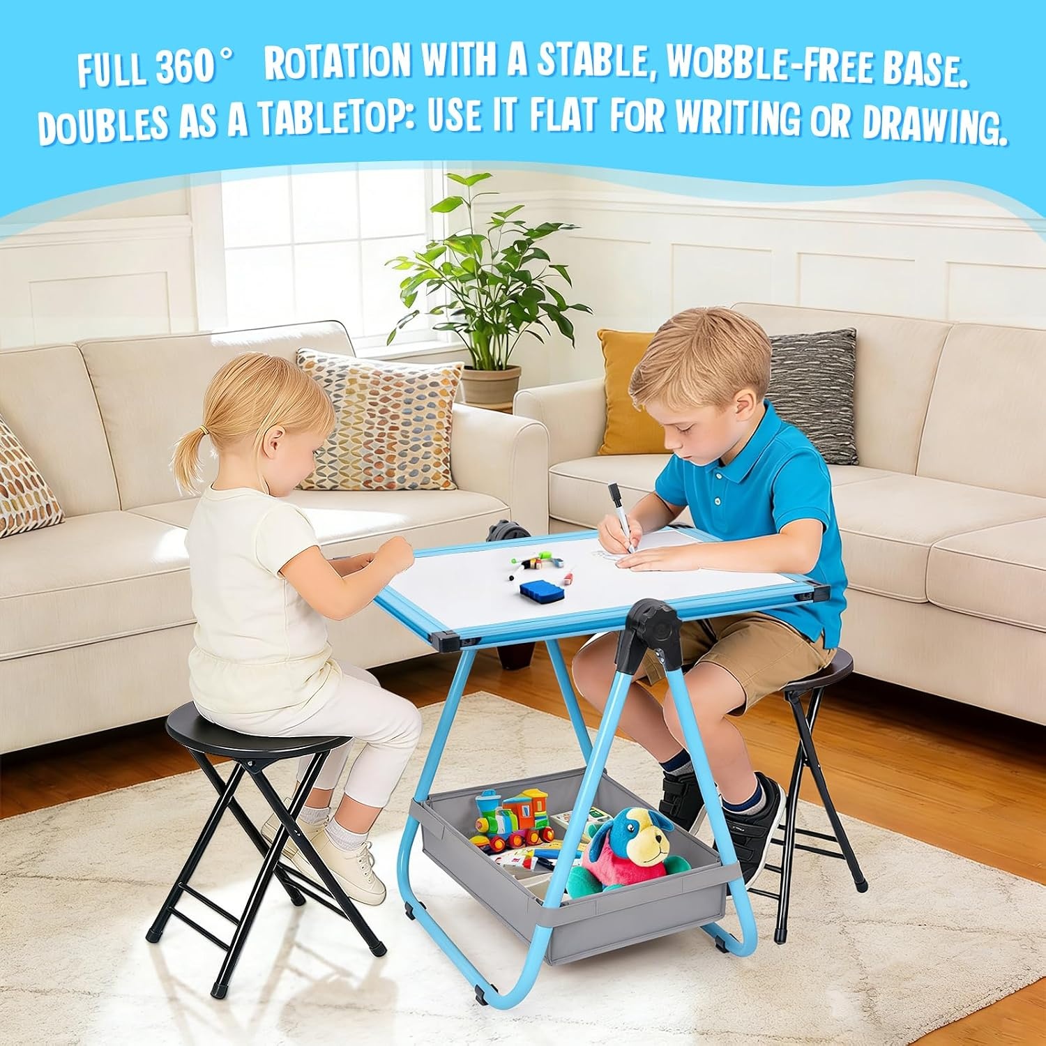 image:imagemaxtek Kids Easel 24x18in Adjustable DoubleSided Whiteboard amp Chalkboard 360Rotating Magnetic Standing Art Easel Kids for Boys and Girls 3 with Drawing Accessories BlackBlue