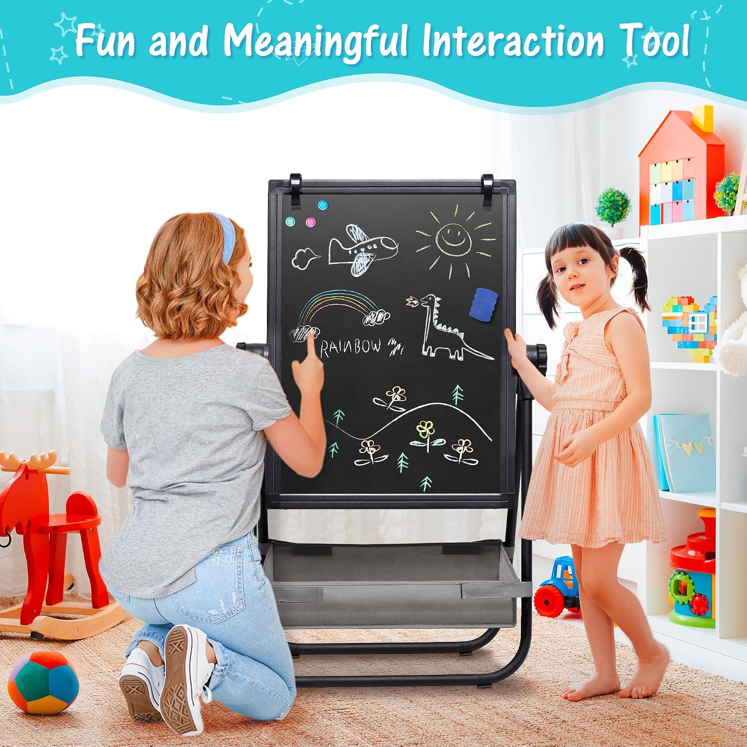 image:imagemaxtek Kids Easel 24x18in Adjustable DoubleSided Whiteboard amp Chalkboard 360Rotating Magnetic Standing Art Easel Kids for Boys and Girls 3 with Drawing Accessories BlackBlack