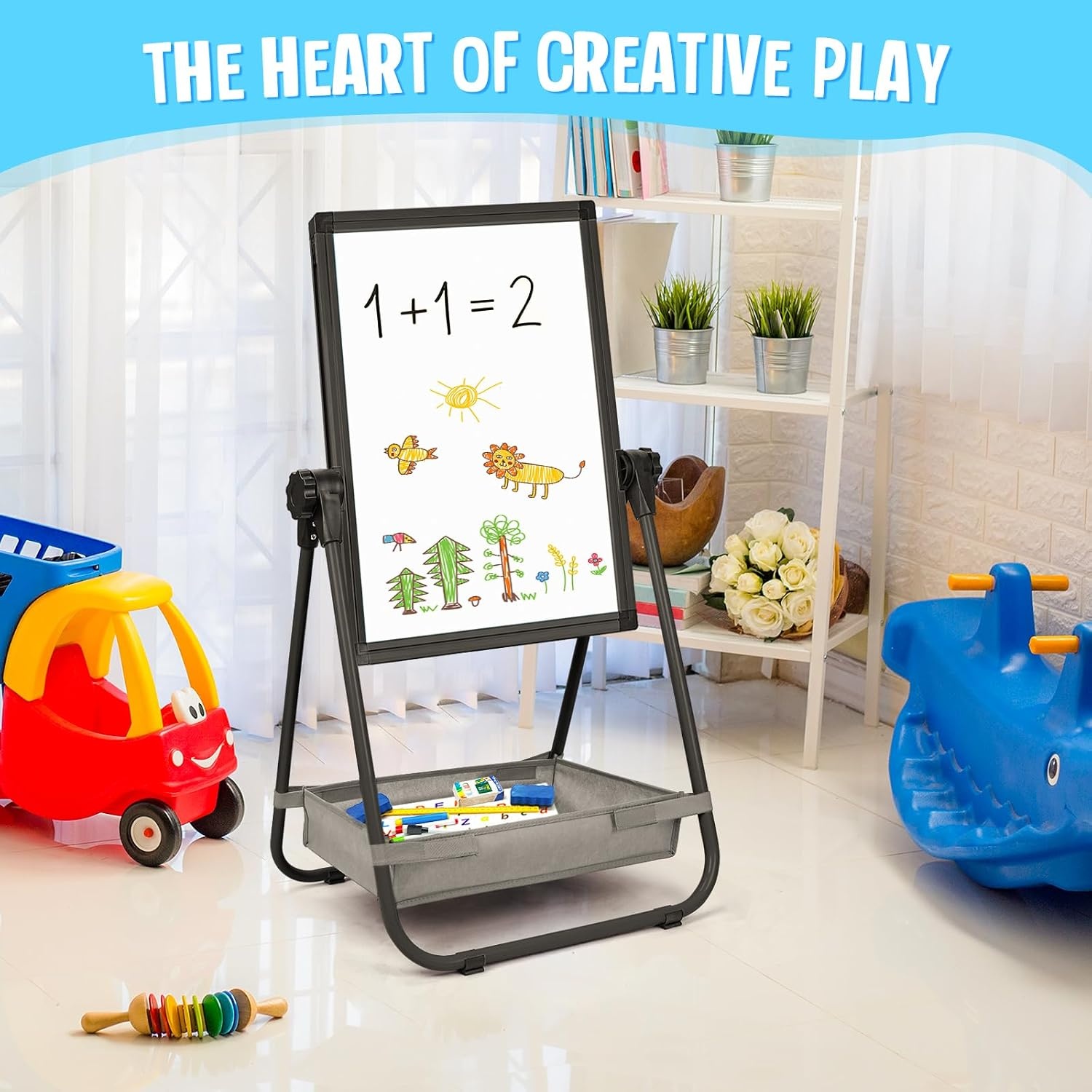 image:imagemaxtek Kids Easel 24x18in Adjustable DoubleSided Whiteboard amp Chalkboard 360Rotating Magnetic Standing Art Easel Kids for Boys and Girls 3 with Drawing Accessories BlackBlack