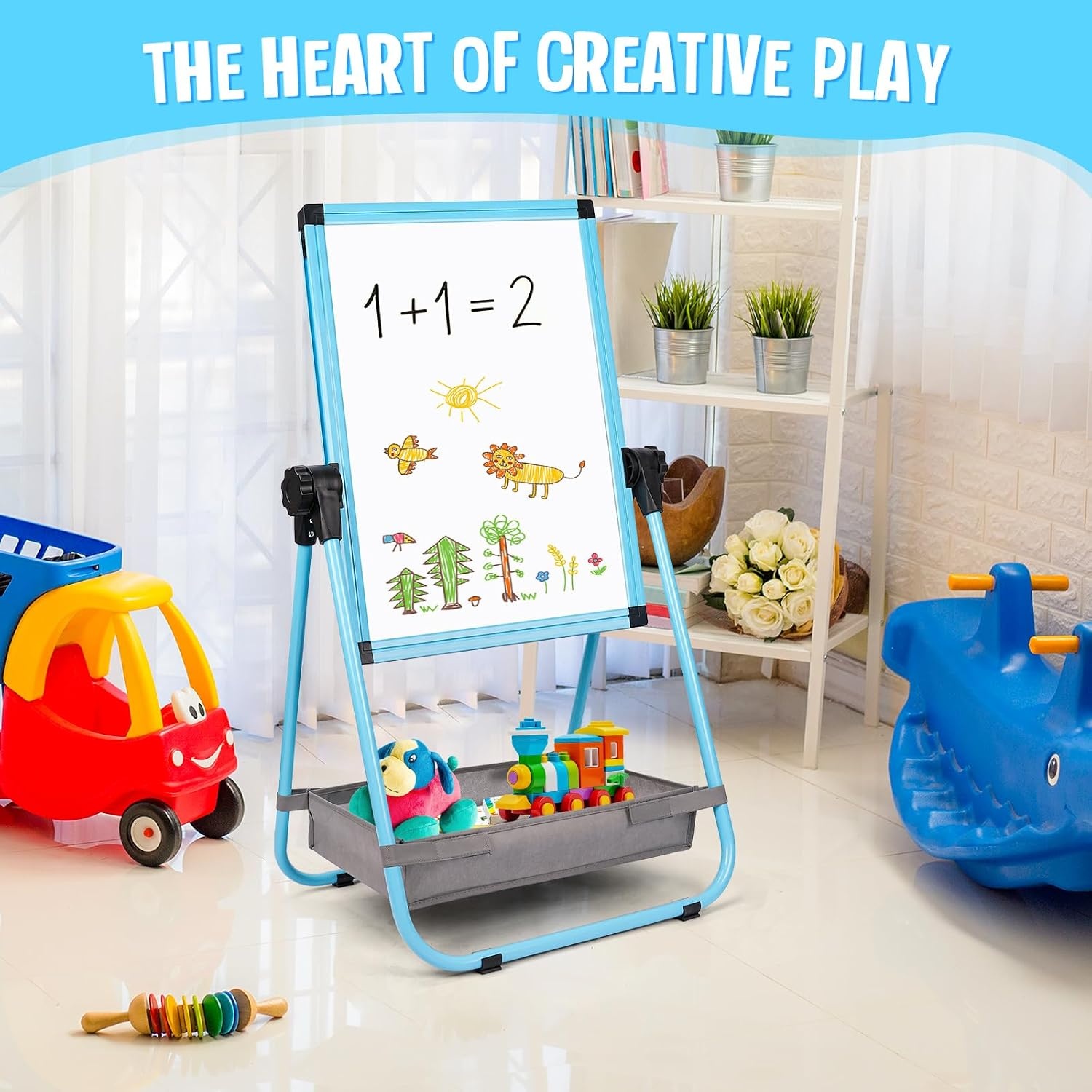 image:imagemaxtek Kids Easel 24x18in Adjustable DoubleSided Whiteboard amp Chalkboard 360Rotating Magnetic Standing Art Easel Kids for Boys and Girls 3 with Drawing Accessories BlackBlue