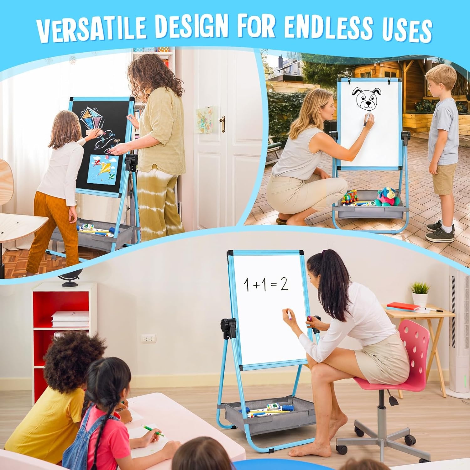image:imagemaxtek Kids Easel 24x18in Adjustable DoubleSided Whiteboard amp Chalkboard 360Rotating Magnetic Standing Art Easel Kids for Boys and Girls 3 with Drawing Accessories BlackBlue