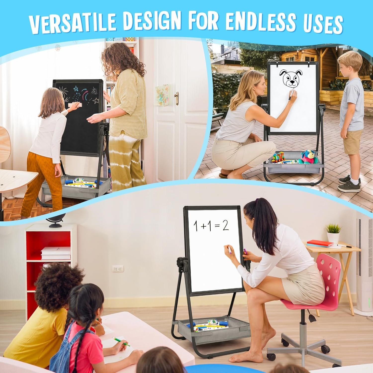 image:imagemaxtek Kids Easel 24x18in Adjustable DoubleSided Whiteboard amp Chalkboard 360Rotating Magnetic Standing Art Easel Kids for Boys and Girls 3 with Drawing Accessories BlackBlack